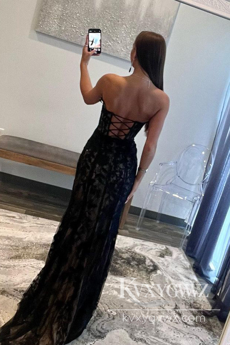 Dazzling Mermaid Evening Gown Strapless Black Lace Long Prom Dress LF856