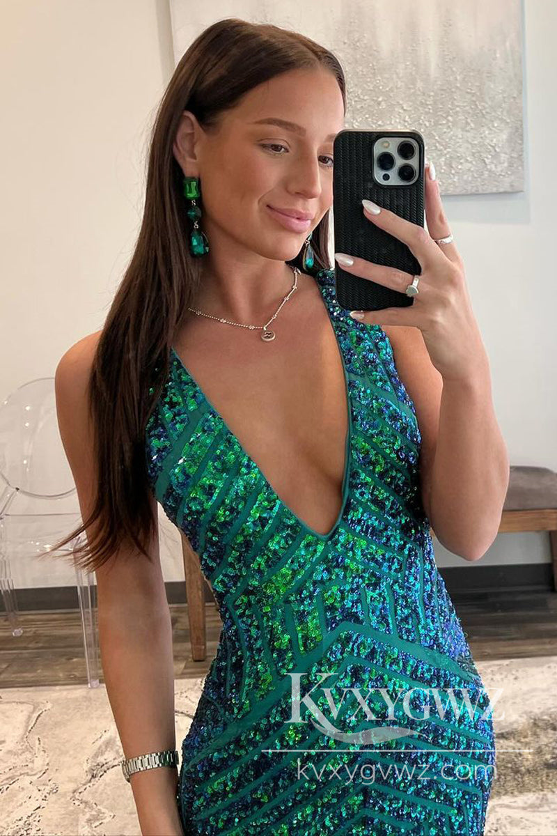 Dark Green Sequin Evening Gown Plunge V Mermaid Long Prom Dress LF857