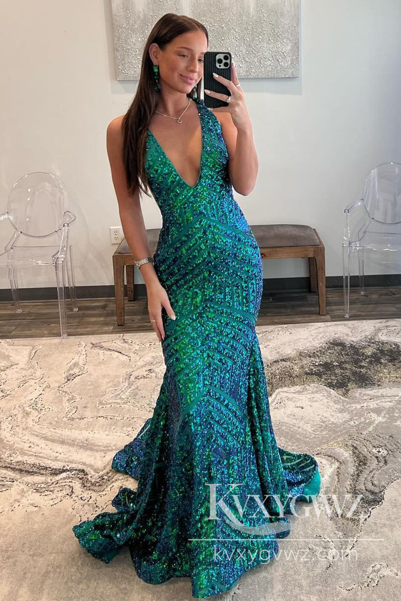 Dark Green Sequin Evening Gown Plunge V Mermaid Long Prom Dress LF857