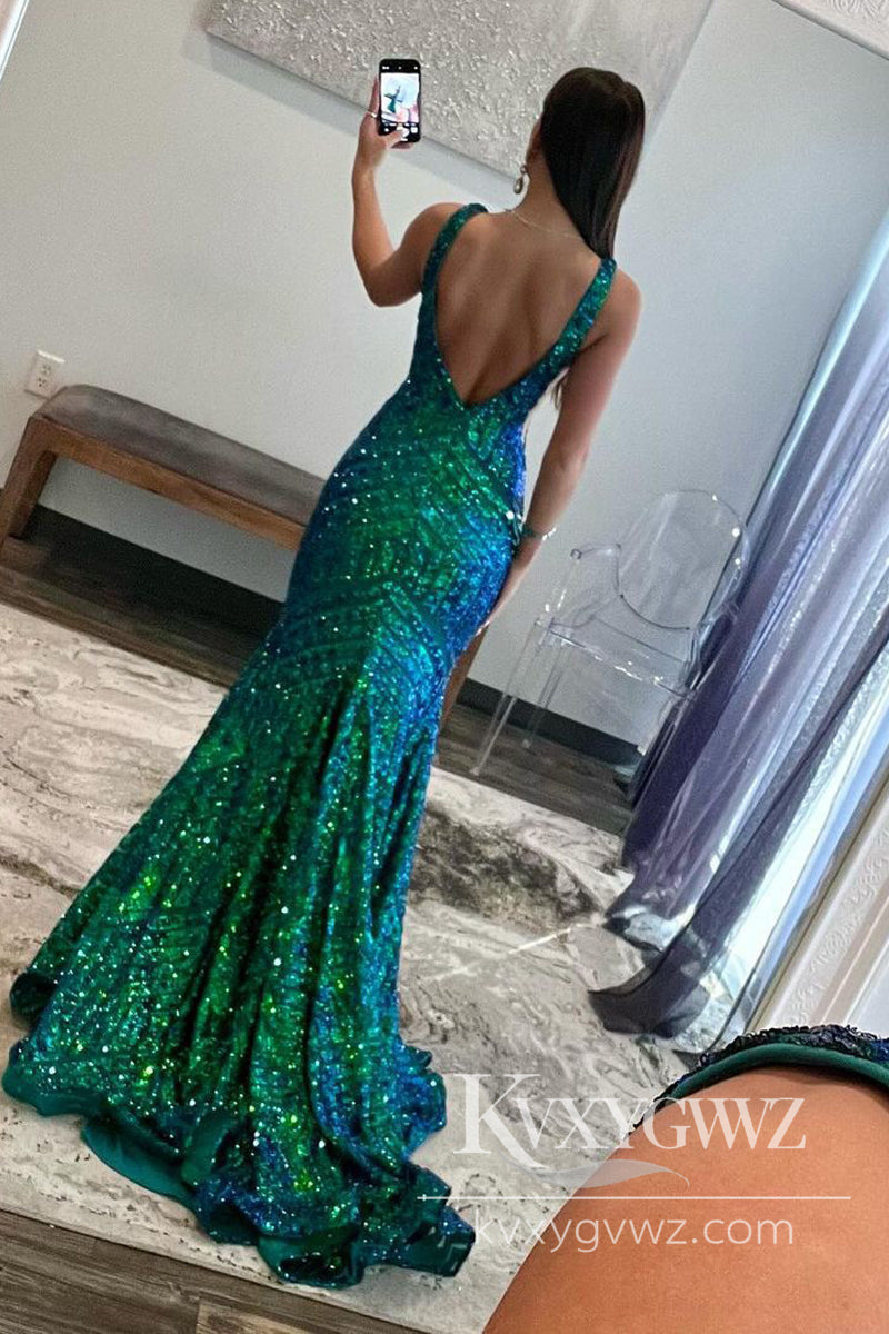 Dark Green Sequin Evening Gown Plunge V Mermaid Long Prom Dress LF857