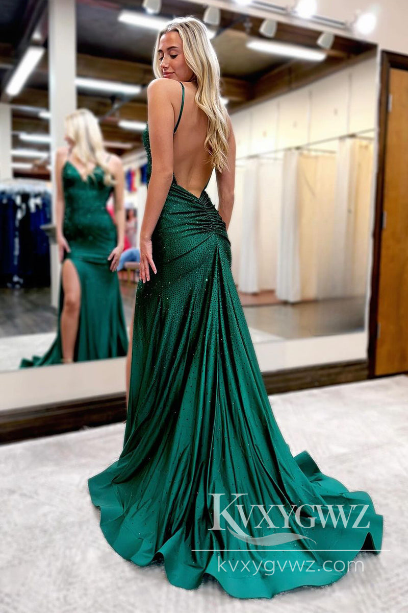 Luxurious Royal Blue Beaded Evening Gown V Neck Mermaid Long Prom Dress LF859