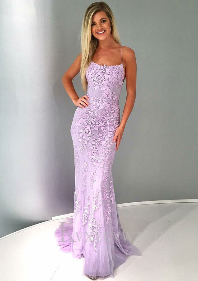 Sheath/Column Square Neckline Sleeveless Court Train Lace Prom Dress With Appliqued LF086