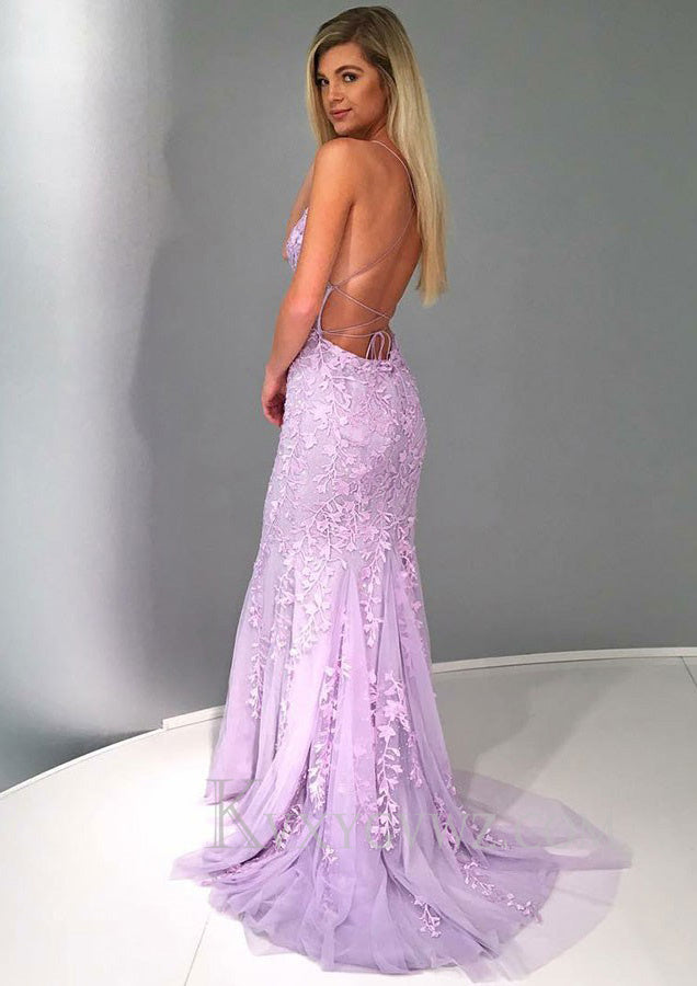 Sheath/Column Square Neckline Sleeveless Court Train Lace Prom Dress With Appliqued LF086