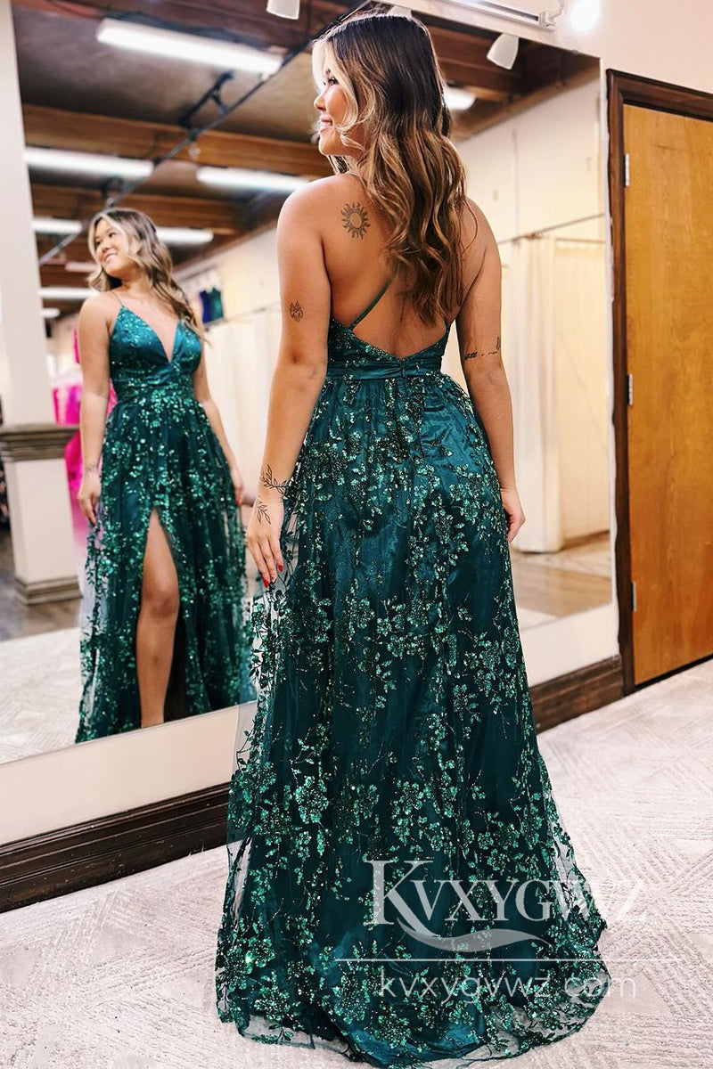 Spaghetti Strap Dark Green Sequin Lace Evening Gown V Neck Long Prom Dress with Slit LF860