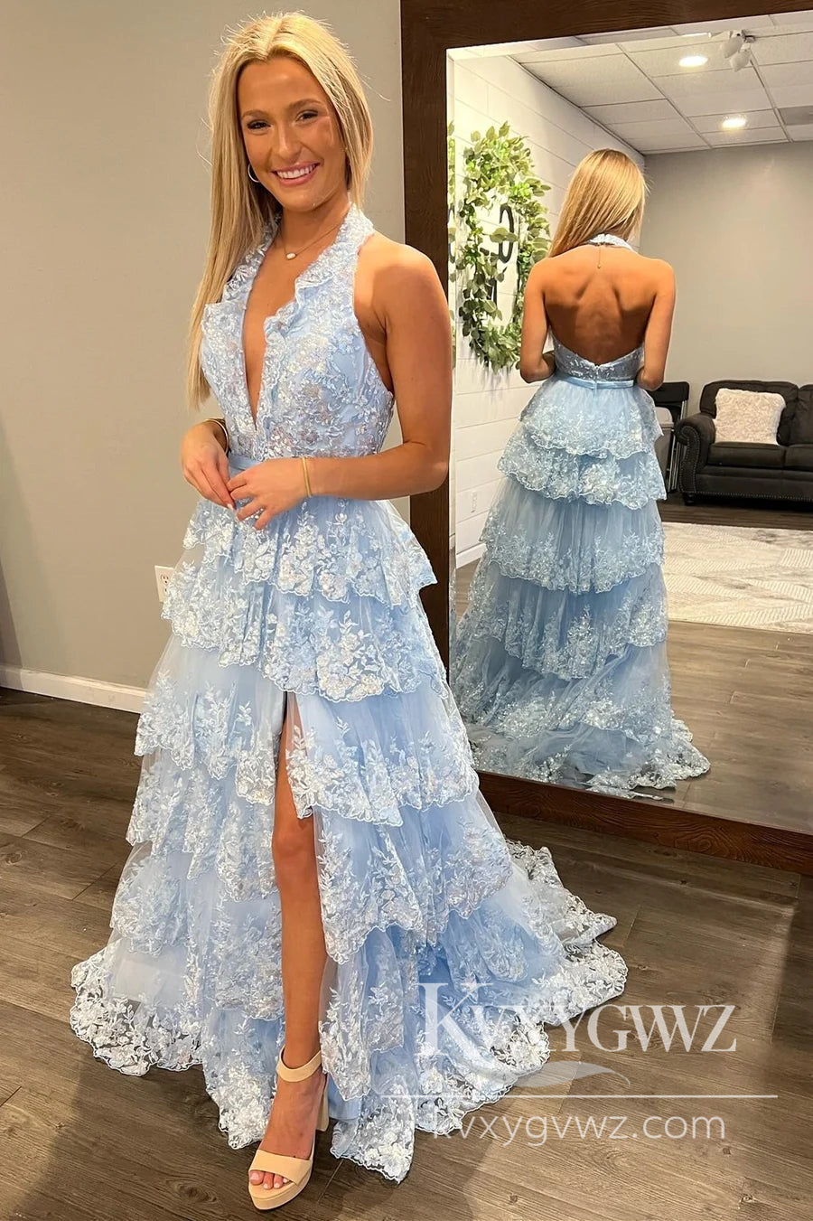 Light Blue Tulle Appliques Evening Gown Halter Ruffle Tiered Long Prom Dress LF862