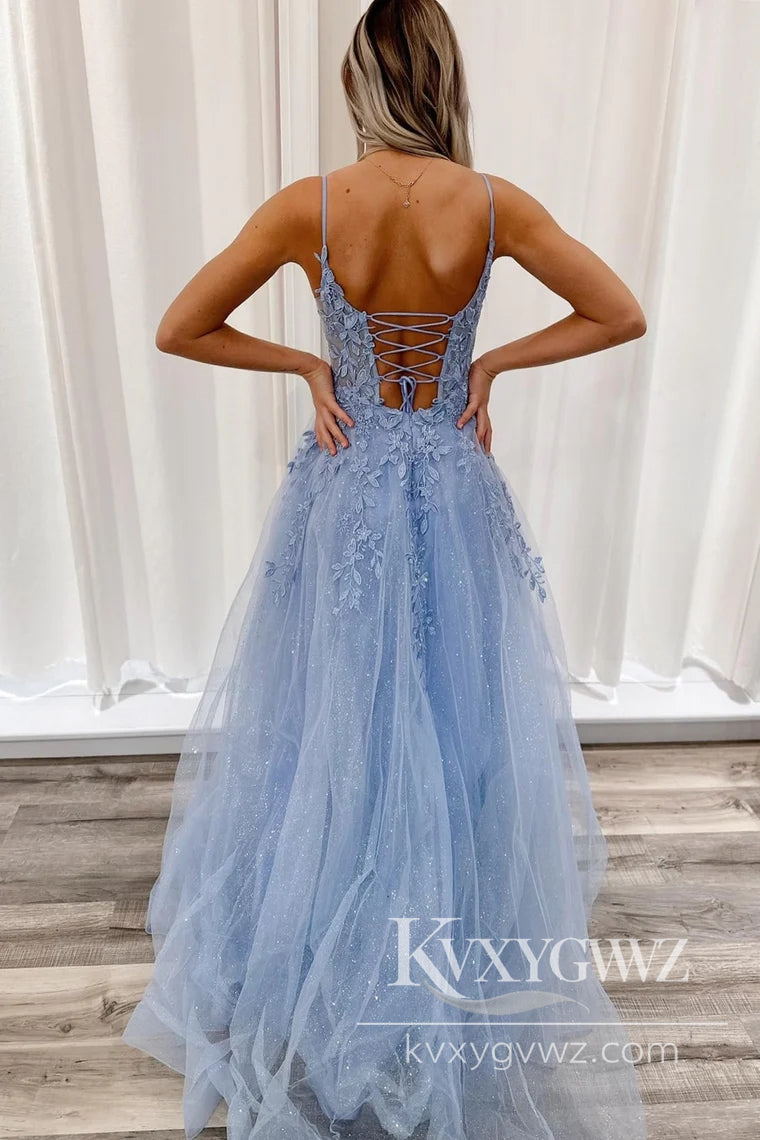 Spaghetti Strap Light Blue Tulle Appliques Evening Gown Plunge V A-Line Long Prom Dress LF864