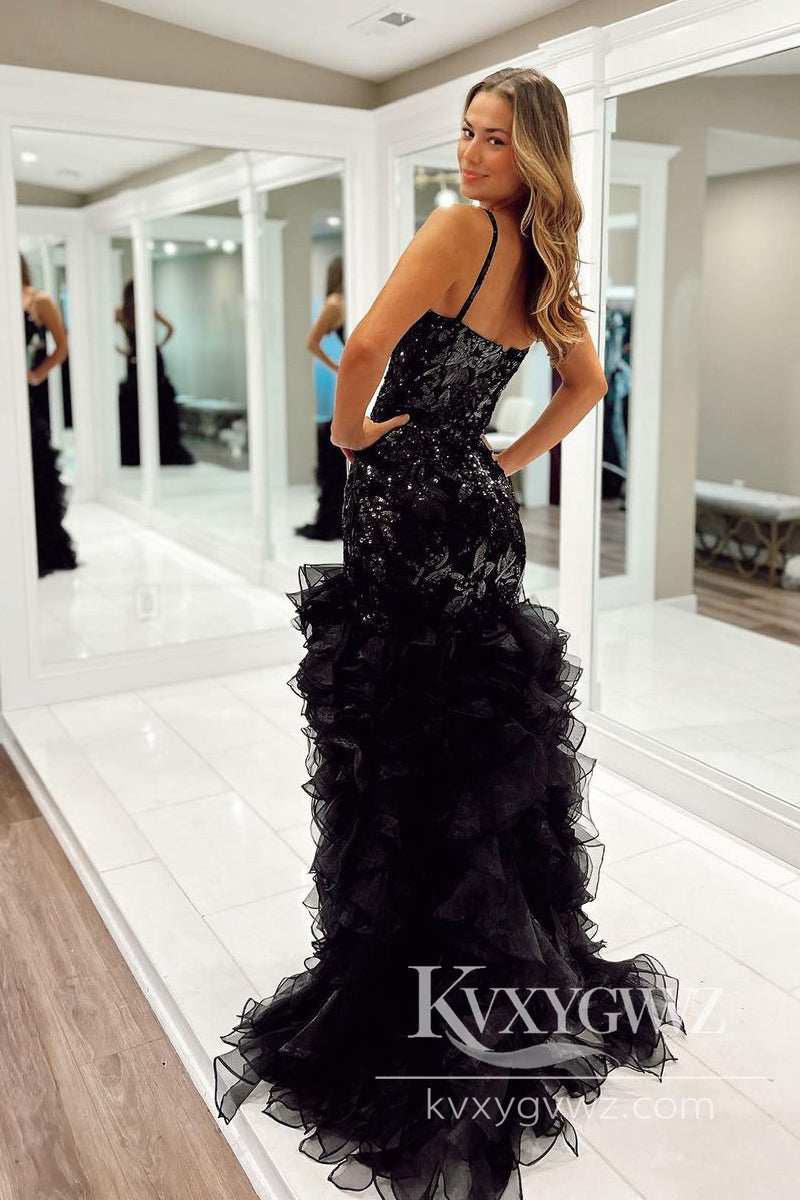 Spaghetti Strap Mermaid Evening Gown Sweetheart Black Sequin Lace Long Prom Dress LF867