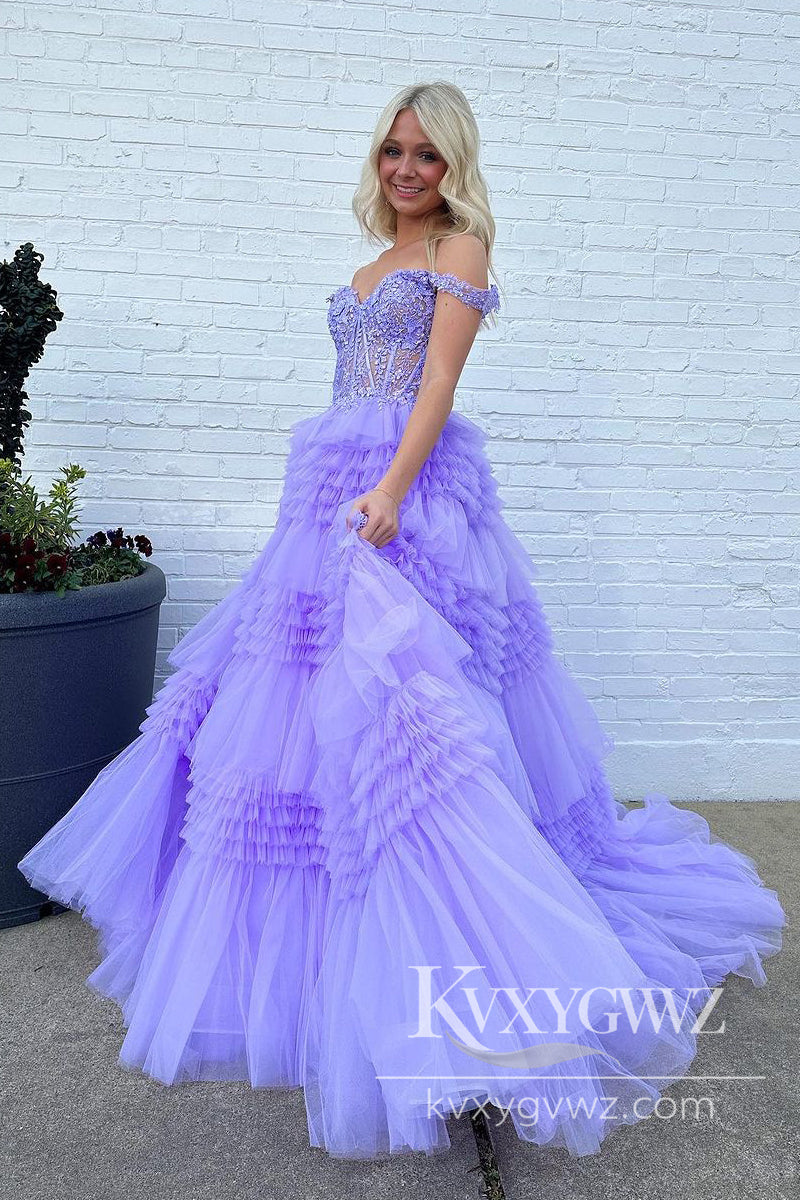 Lilac Off the Shoulder Ruffles Evening Gown Tiered Tulle Long Prom Dress with Appliques LF869