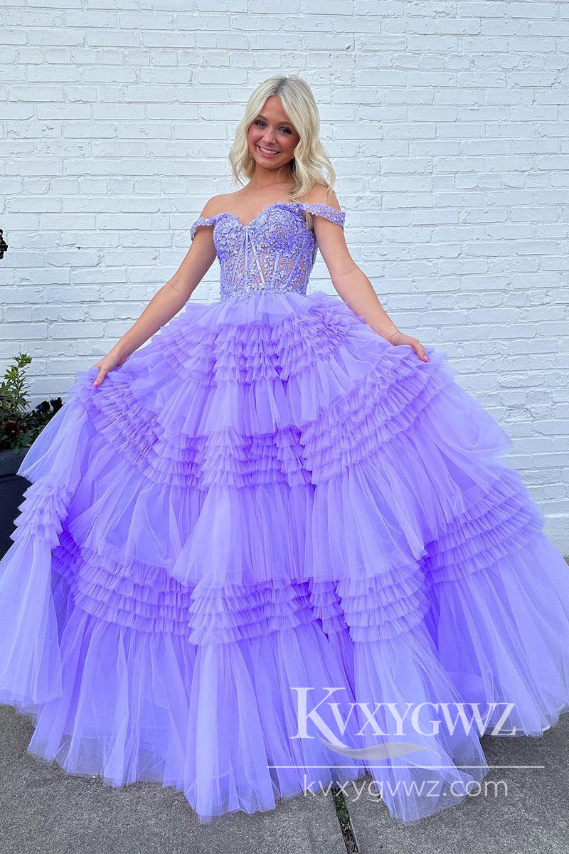 Lilac Off the Shoulder Ruffles Evening Gown Tiered Tulle Long Prom Dress with Appliques LF869