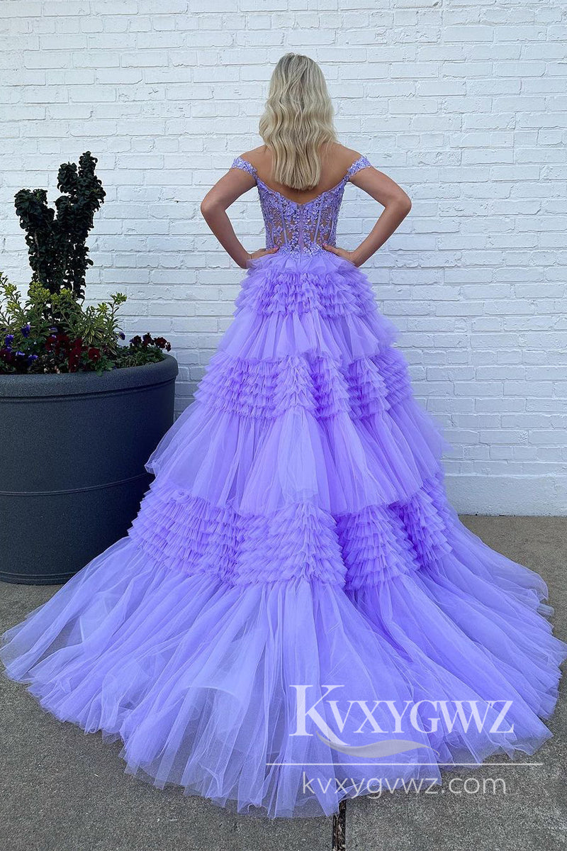 Lilac Off the Shoulder Ruffles Evening Gown Tiered Tulle Long Prom Dress with Appliques LF869