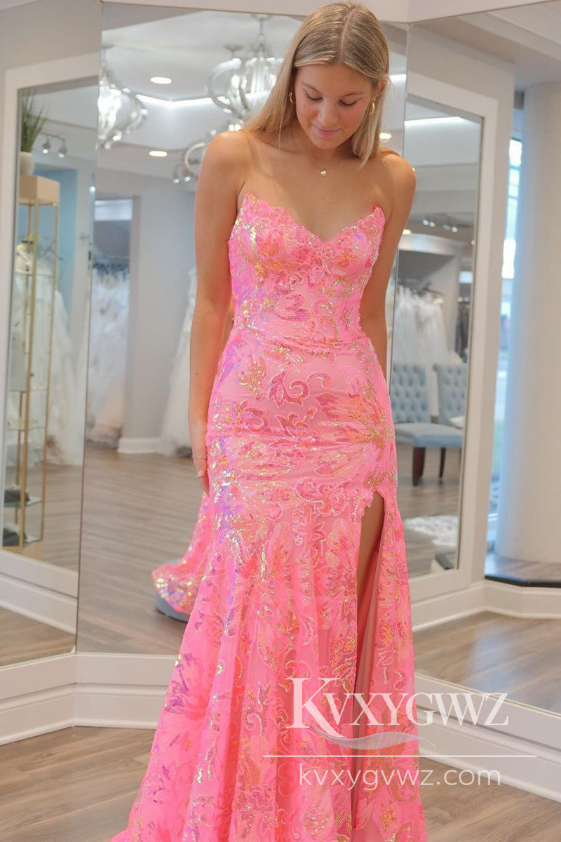 Mermaid Strapless Evening Gown Pink Sequin Lace Long Prom Dress LF870