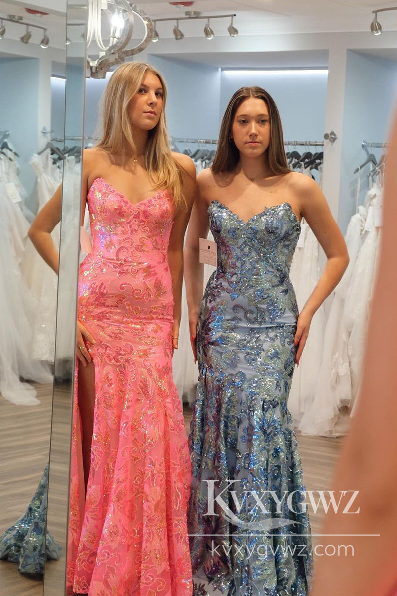 Mermaid Strapless Evening Gown Pink Sequin Lace Long Prom Dress LF870