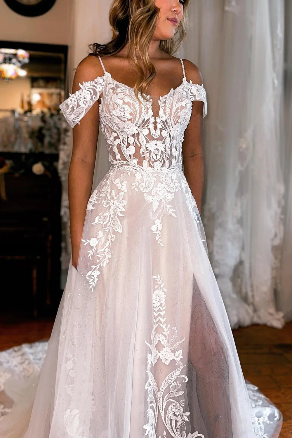 Gorgeous A-Line Cold Sleeves Tulle Lace Beach Wedding Dresses/Gowns HS23082711