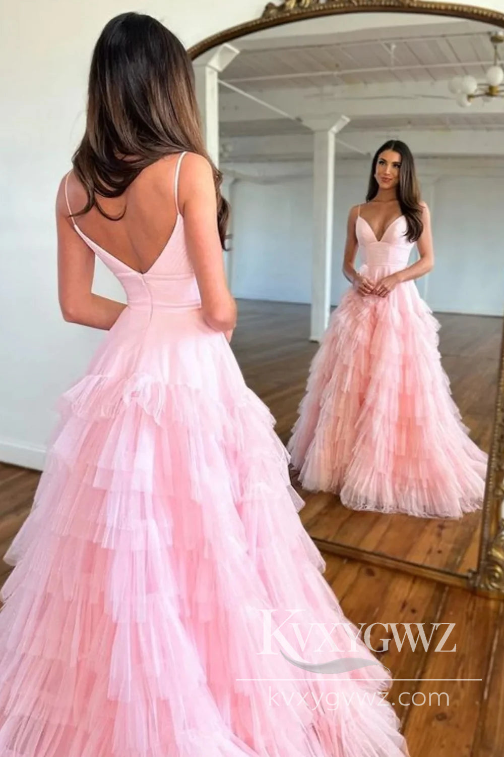 Light Pink Spaghetti Strap Tulle Evening Gown Tiered A-Line V-neck Long Prom Dress LF872