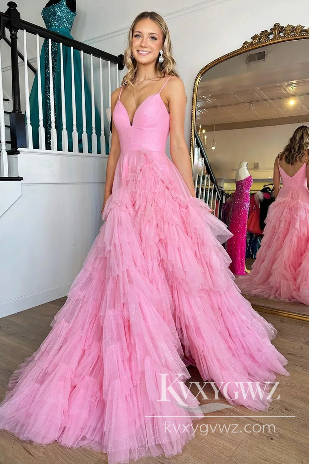 Light Pink Spaghetti Strap Tulle Evening Gown Tiered A-Line V-neck Long Prom Dress LF872
