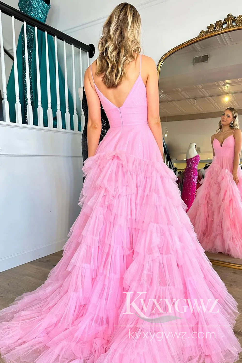 Light Pink Spaghetti Strap Tulle Evening Gown Tiered A-Line V-neck Long Prom Dress LF872