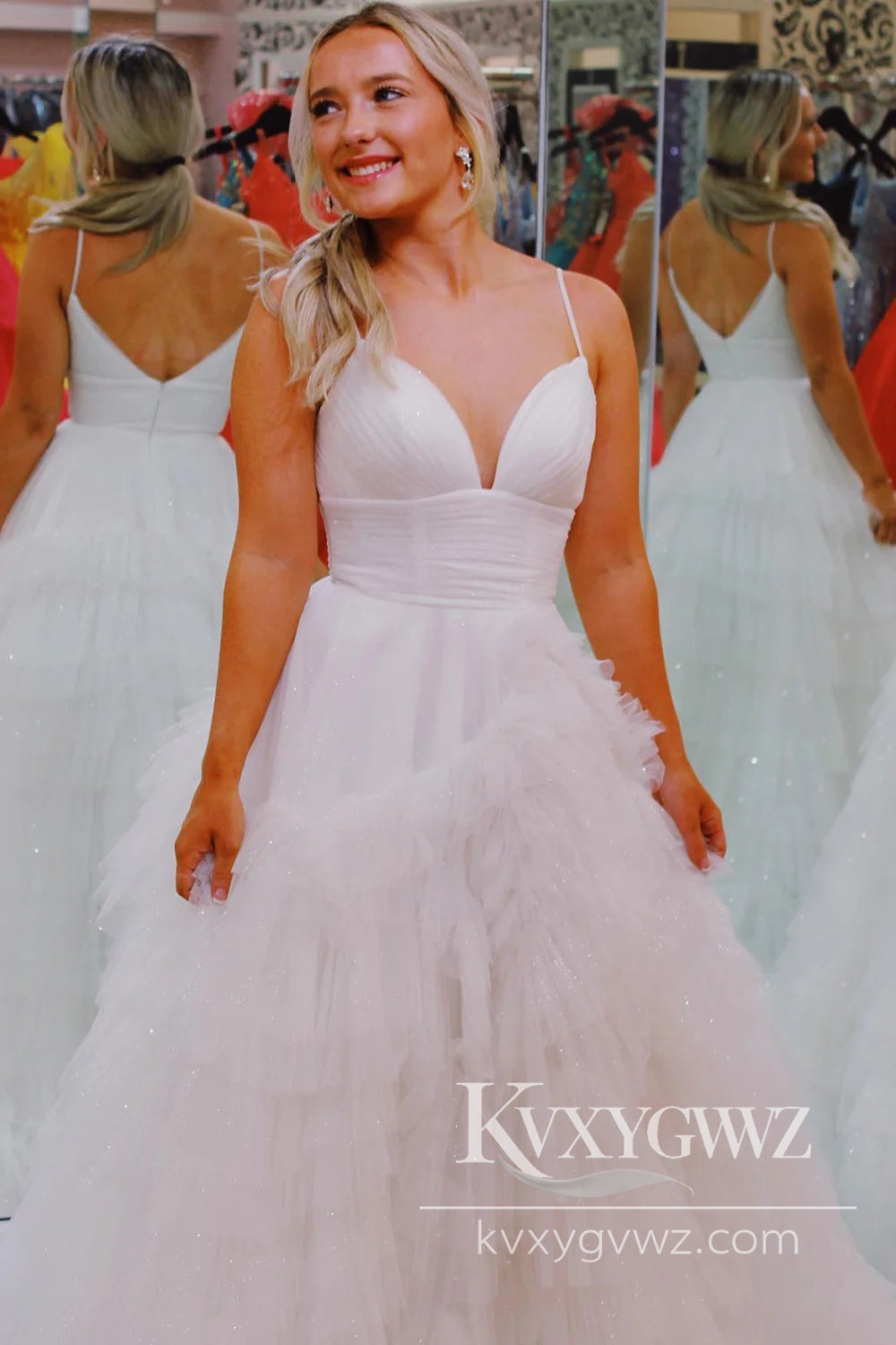 Light Pink Spaghetti Strap Tulle Evening Gown Tiered A-Line V-neck Long Prom Dress LF872