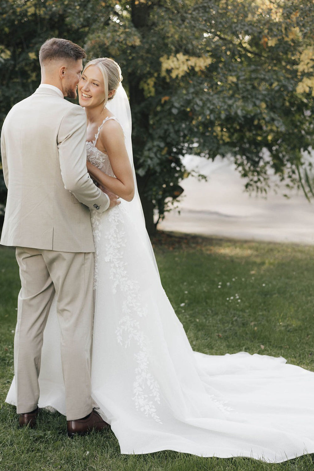 Pastoral Style A Line Boat Neck Satin Long Wedding Dresses Gown with Appliques HS899