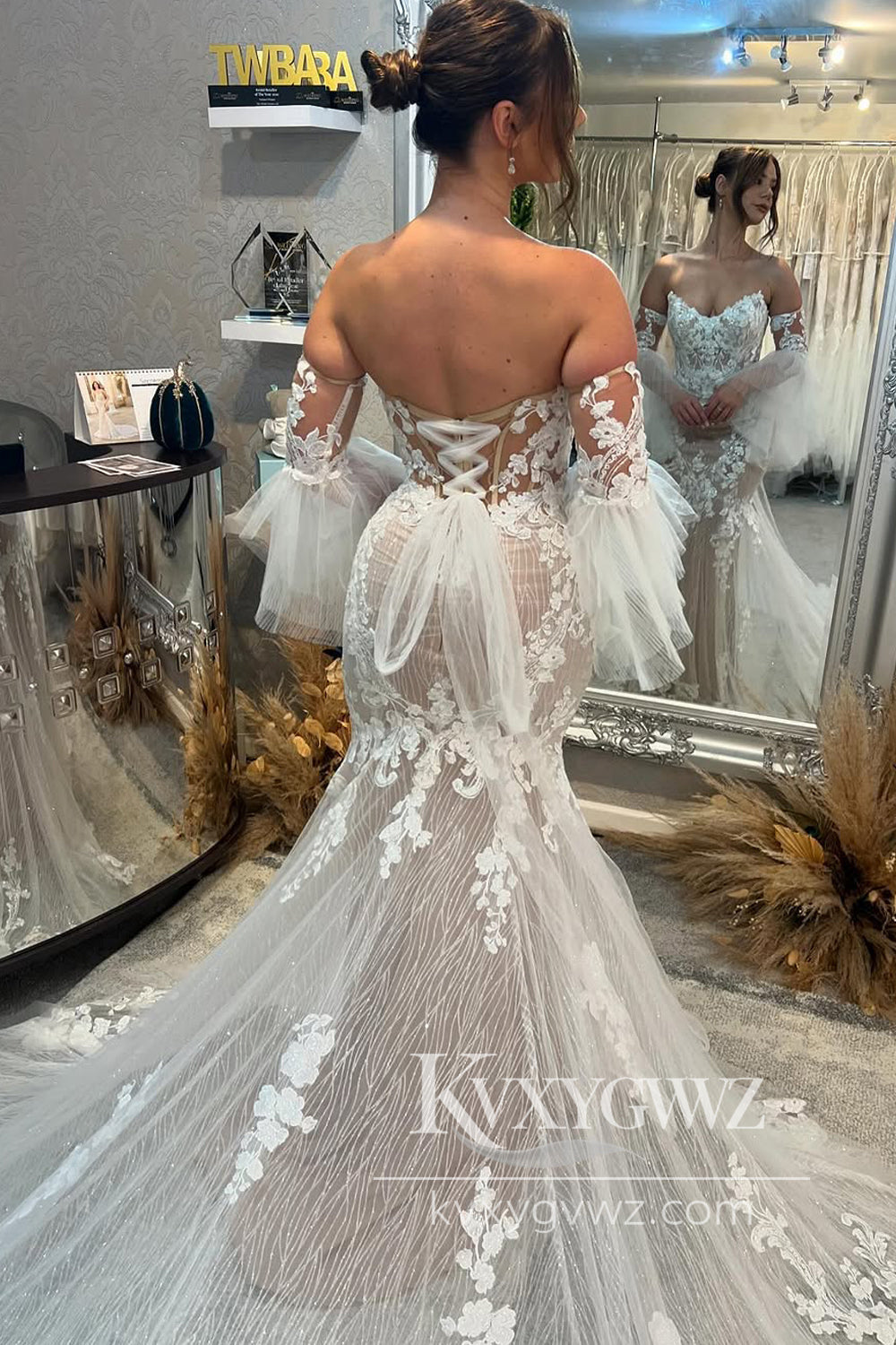 Boho Mermaid V Neck Lace Wedding Dresses Gown with Appliques HS874