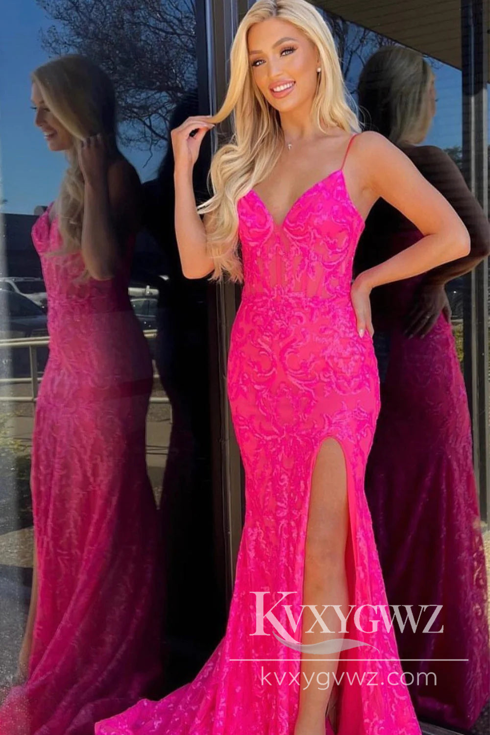 Spaghetti Strap Stunning Mermaid Evening Gown V Neck Hot Pink Mermaid Prom Dress LF877