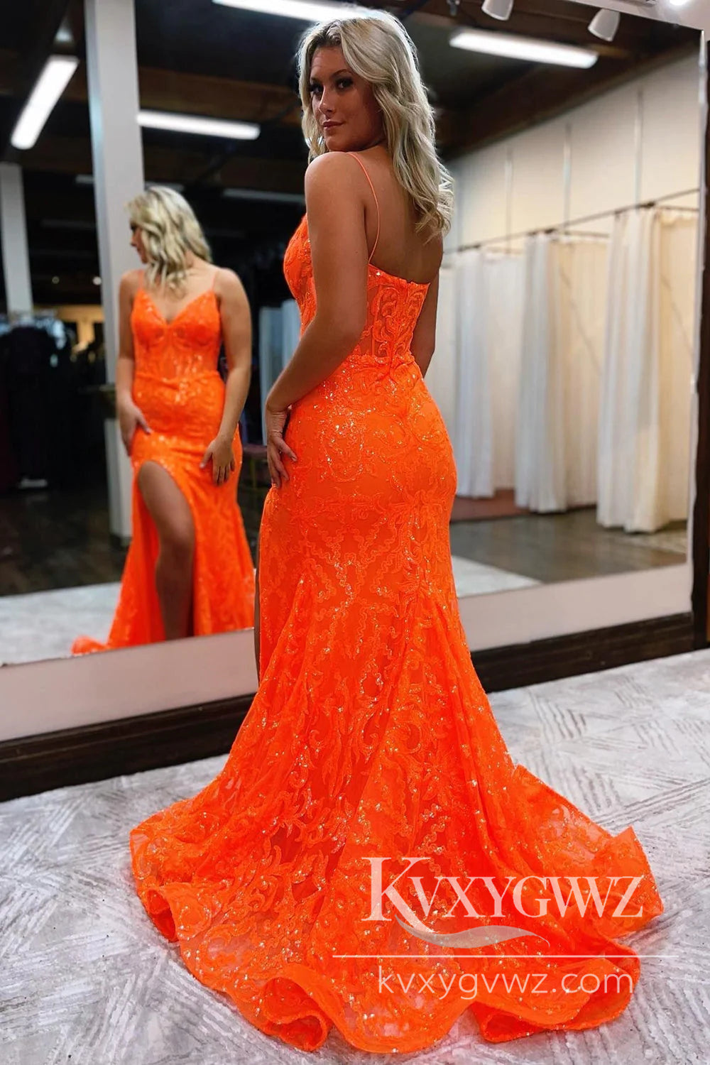 Spaghetti Strap Stunning Mermaid Evening Gown V Neck Hot Pink Mermaid Prom Dress LF877