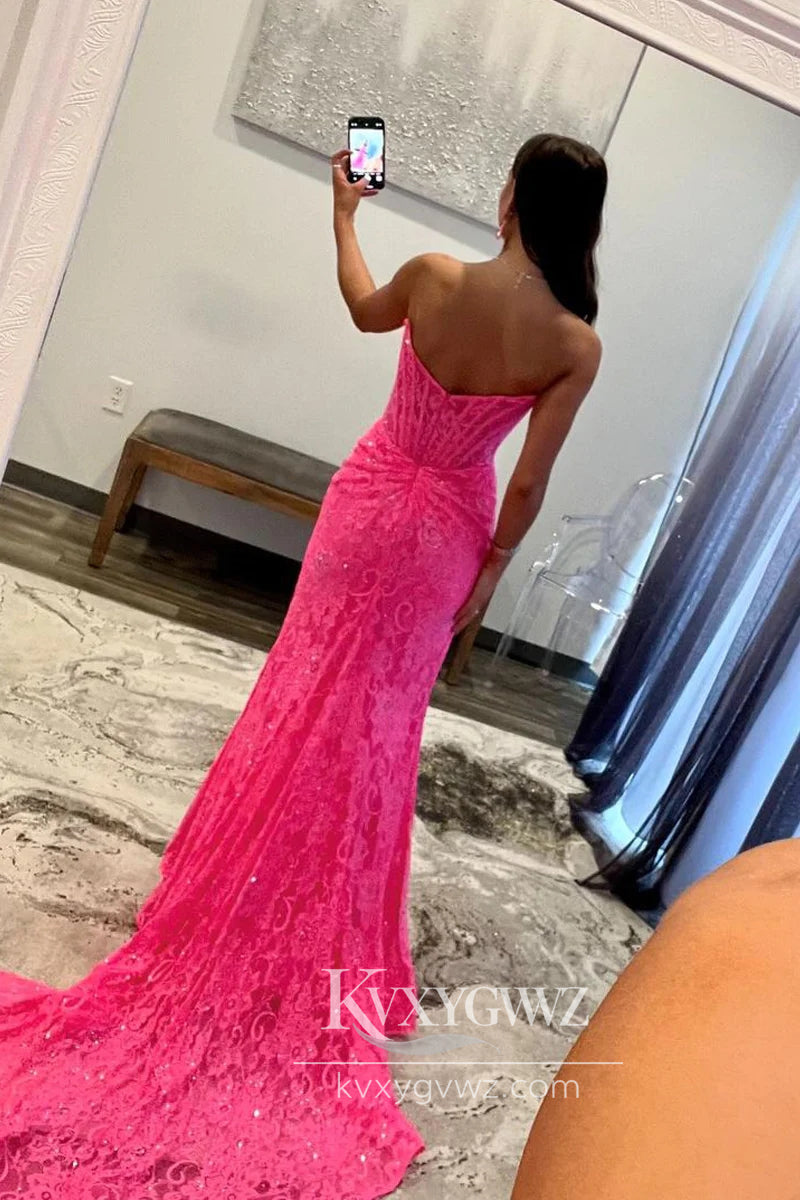 Stunning Sheath Mermaid Evening Gown Scoop Neck Pink Lace Long Prom Dress with Slit LF879
