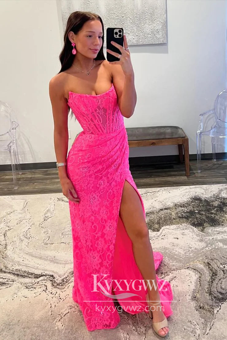Stunning Sheath Mermaid Evening Gown Scoop Neck Pink Lace Long Prom Dress with Slit LF879