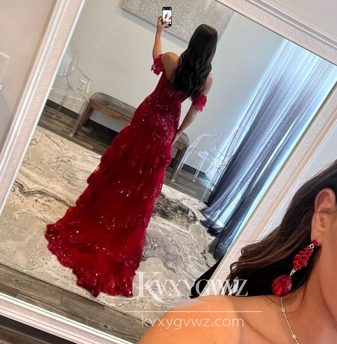Stunning Conspicuous Off the Shoulder Evening Gown Red Tulle Long Prom Dress with Appliques LF880