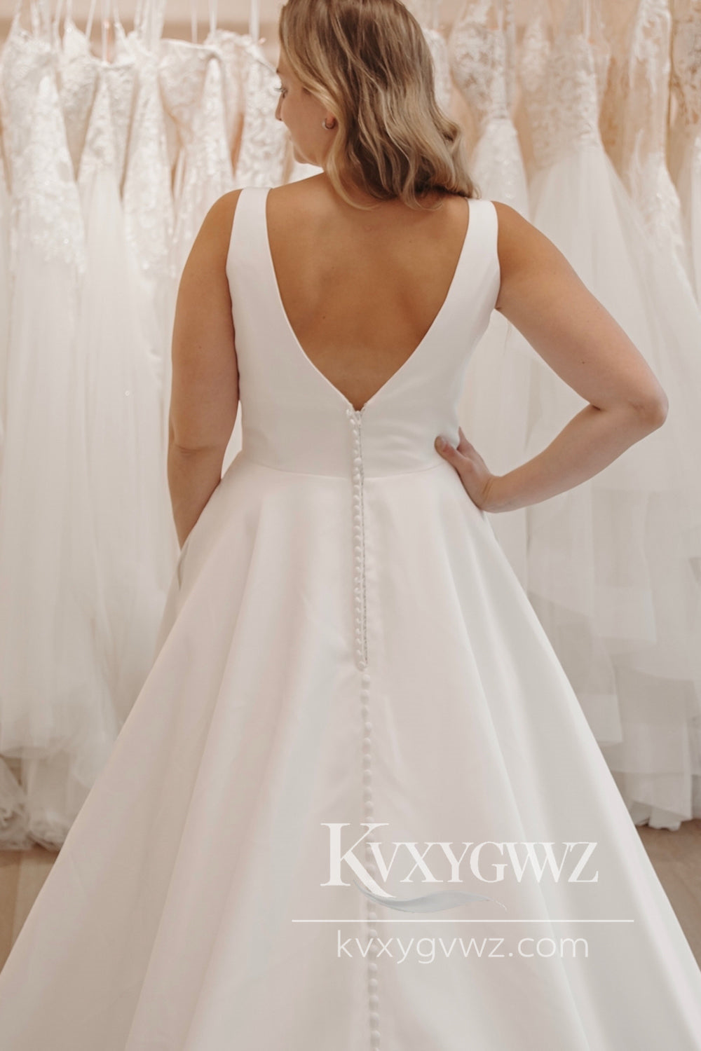 Cute A Line V Neck Satin Long Wedding Dresses Gown with Botton HS881