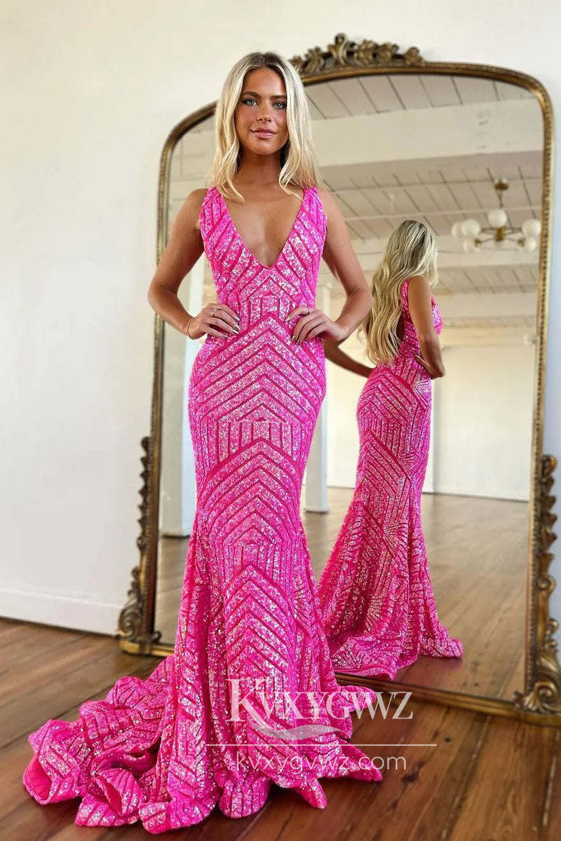 Fashion Mermaid Hot Pink Evening Gown V Neck Conspicuous Sequins Prom Dress LF882