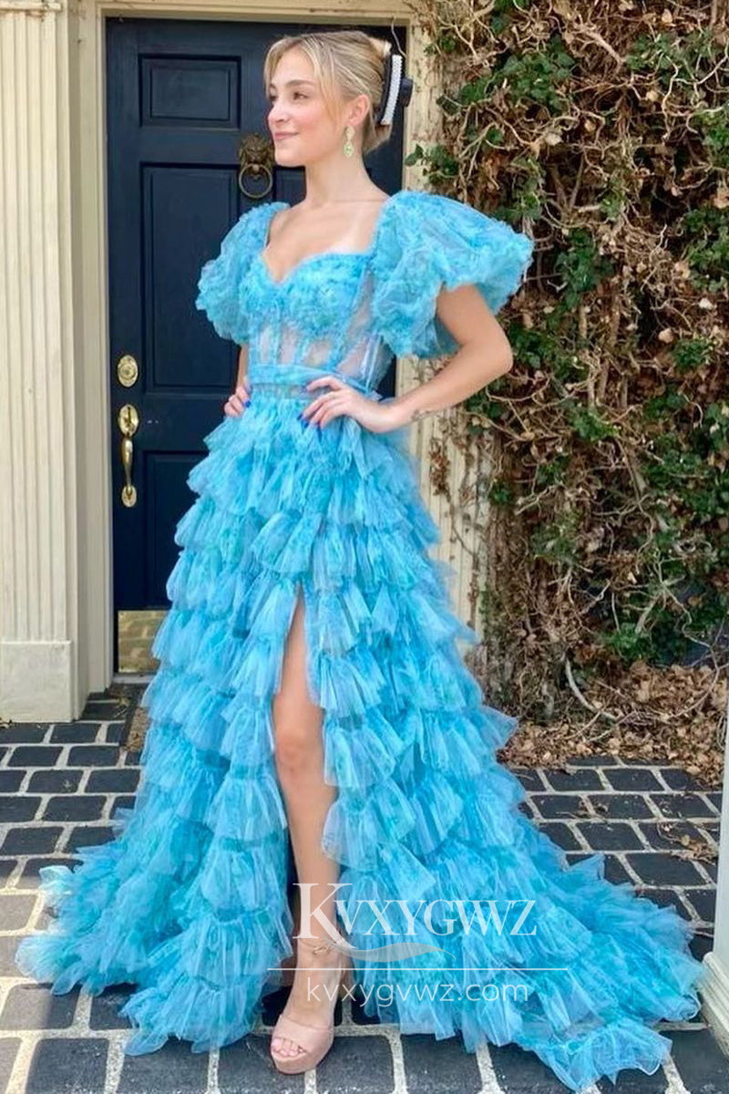 Floral Printed Ruffles Tiered Evening Gown Tulle Puff Sleeves Long Prom Dress LF883