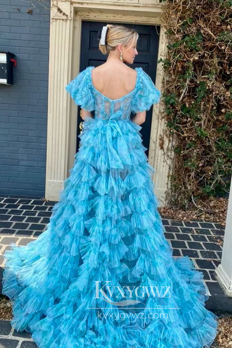 Floral Printed Ruffles Tiered Evening Gown Tulle Puff Sleeves Long Prom Dress LF883