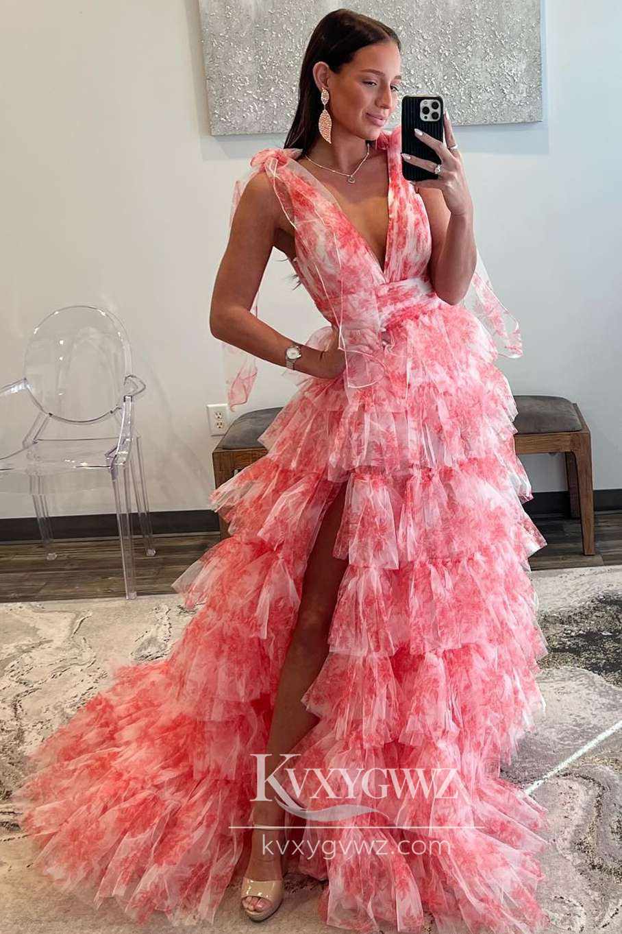 Deep V-Neck Tie Straps Evening Gown Floral Print Layered Long Prom Dress LF884
