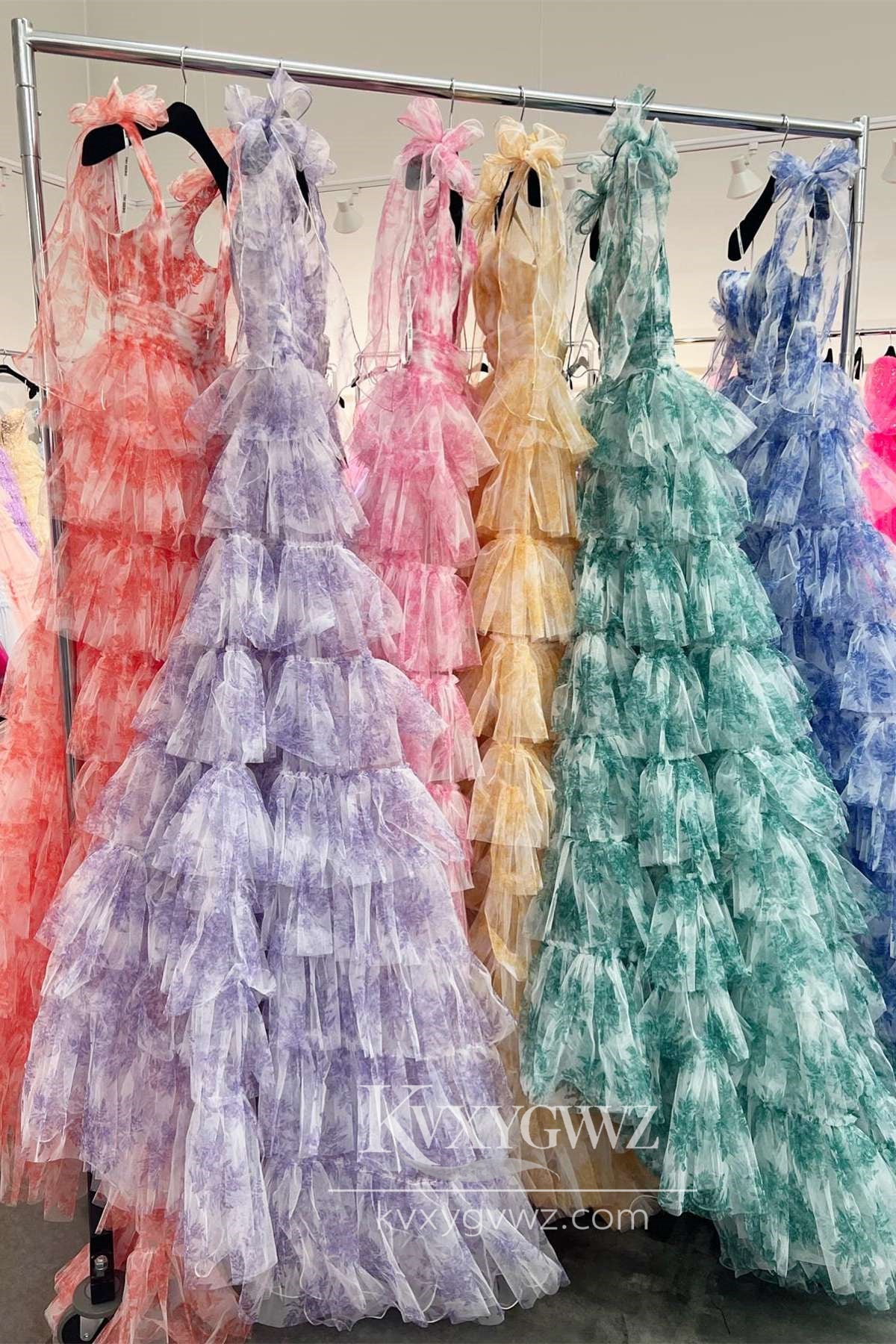Deep V-Neck Tie Straps Evening Gown Floral Print Layered Long Prom Dress LF884