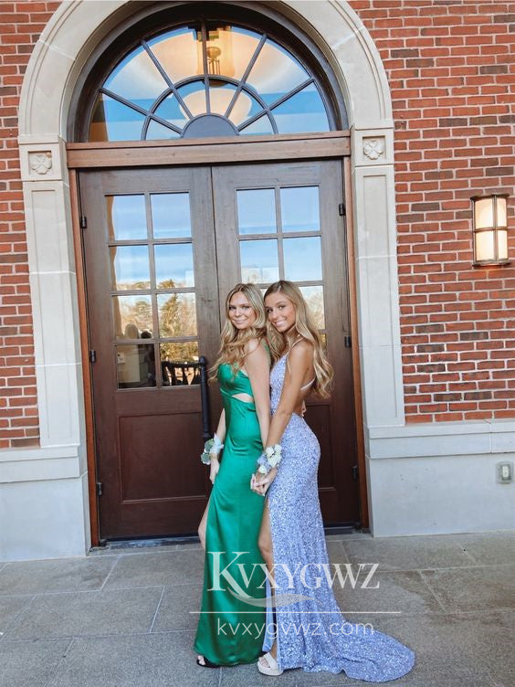 Stunning Mermaid V Neck Lavender Evening Gown Velvet Sequins Prom Dress with Slit LF887