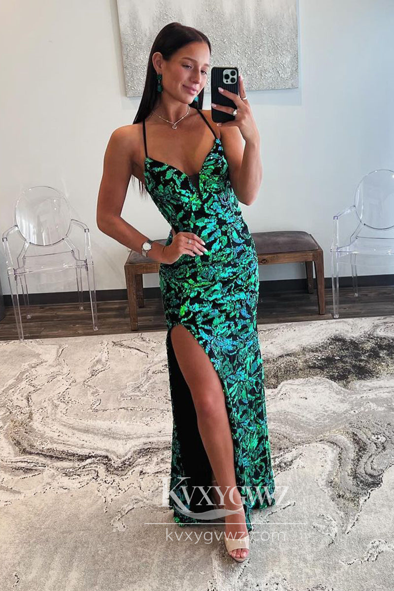Dark Green V Neck Evening Gown Sequins Mermaid Long Prom Dress with Slit LF888