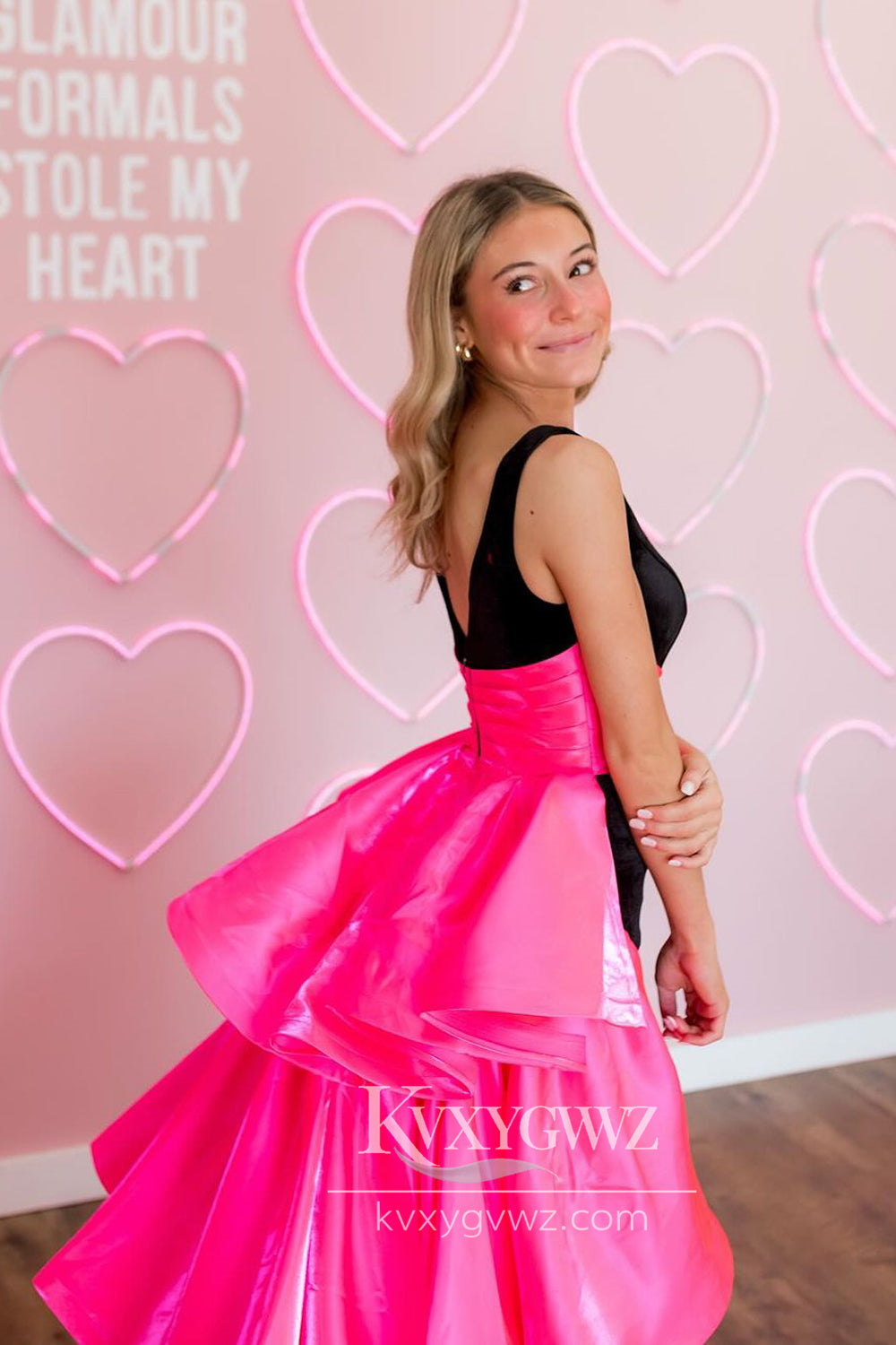 Stunning Mermaid V Neck Evening Gown Black Pink Long Prom Dress Two Piece LF889