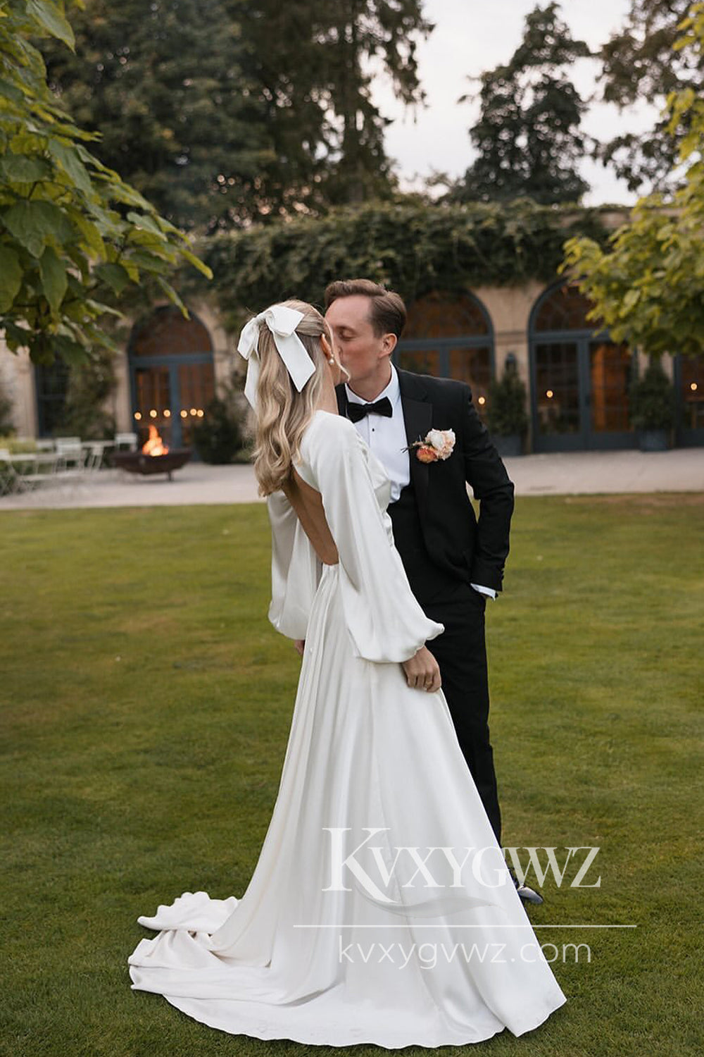 Dazzling A Line V Neck White Satin Wedding Dresses Gown with Ruffled Sleeves HS889