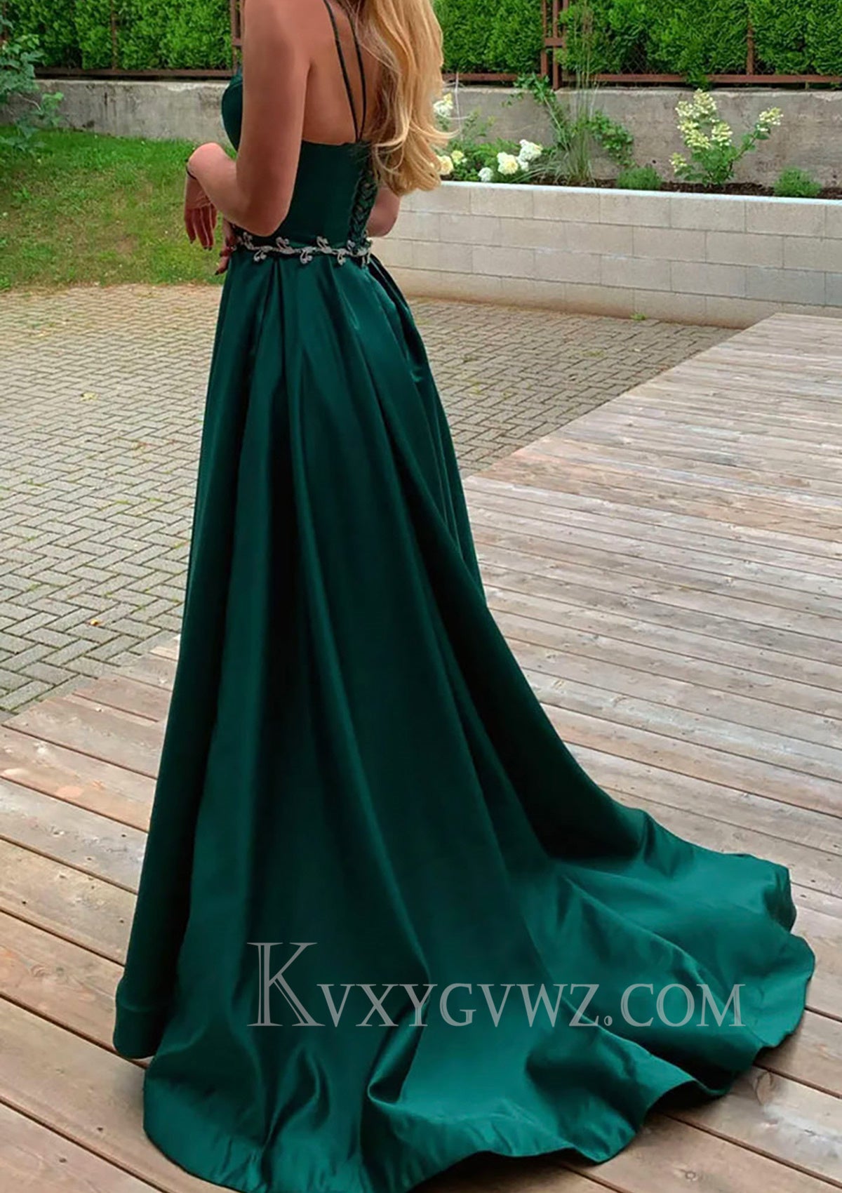 A-line V Neck Sleeveless Satin Sweep Train Prom Dress With Pockets Waistband Split LF089