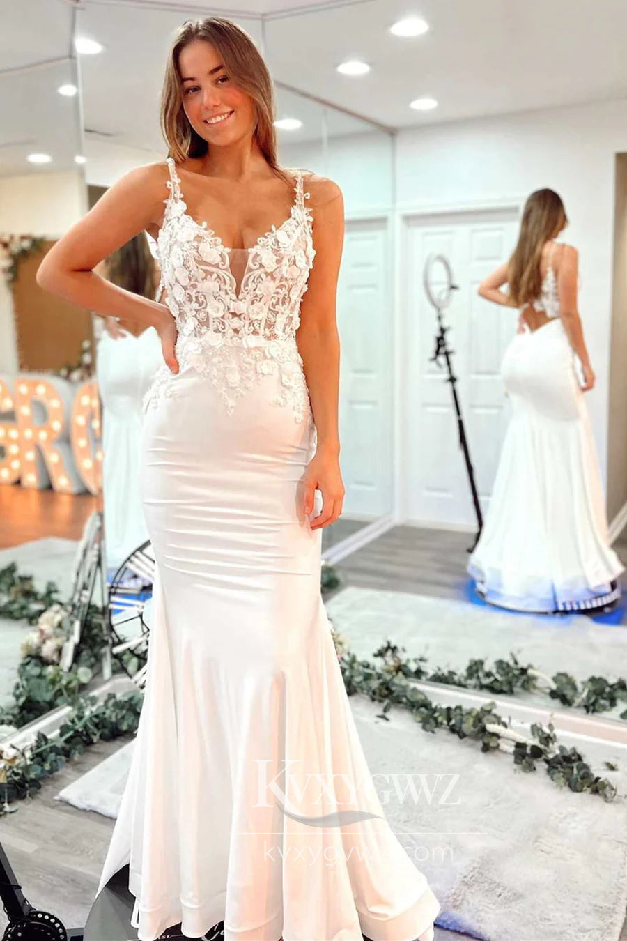 Fairy Mermaid V Neck Light Blue Long Prom Dress Gown with Appliques LF891