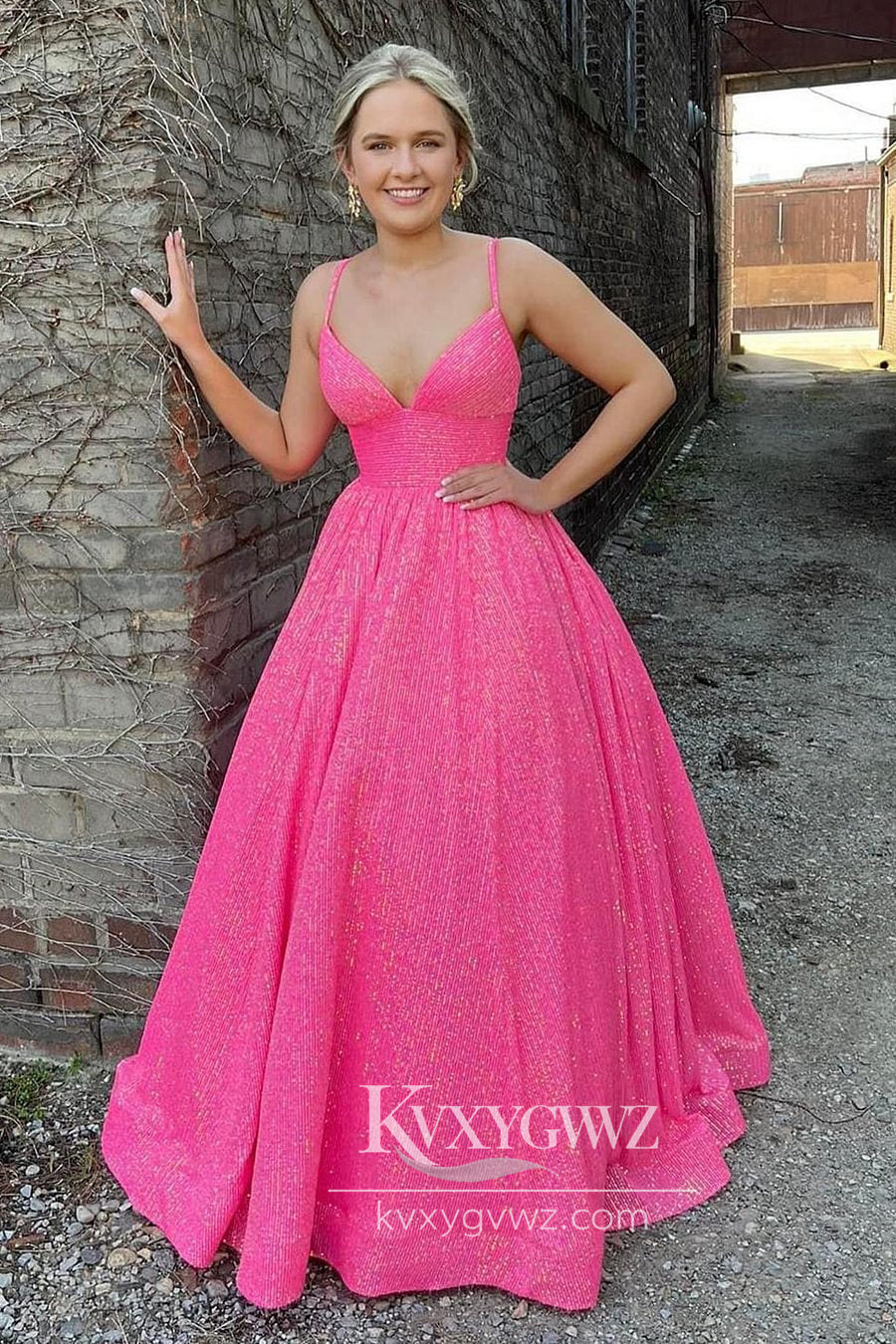 Fuchsia Sequins Evening Gown Spaghetti Straps Sweetheart A-Line Long Prom Dress LF892