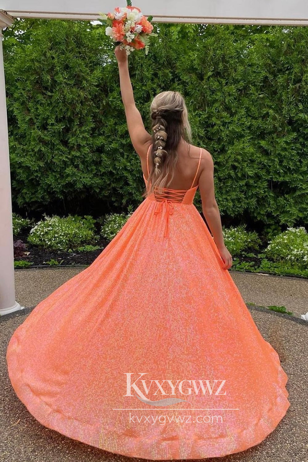 Fuchsia Sequins Evening Gown Spaghetti Straps Sweetheart A-Line Long Prom Dress LF892