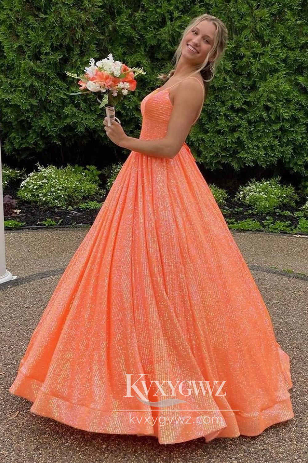 Fuchsia Sequins Evening Gown Spaghetti Straps Sweetheart A-Line Long Prom Dress LF892