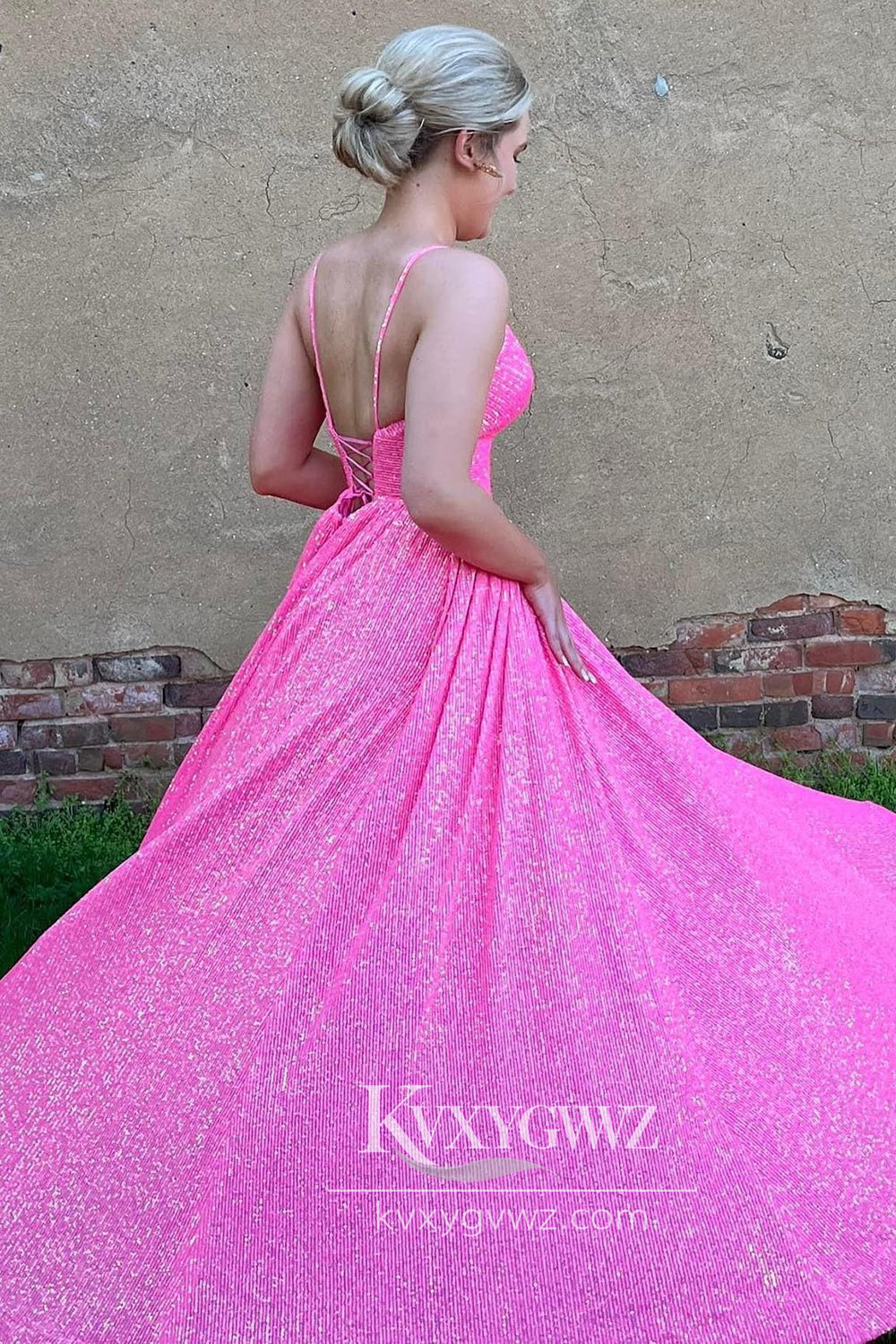Fuchsia Sequins Evening Gown Spaghetti Straps Sweetheart A-Line Long Prom Dress LF892