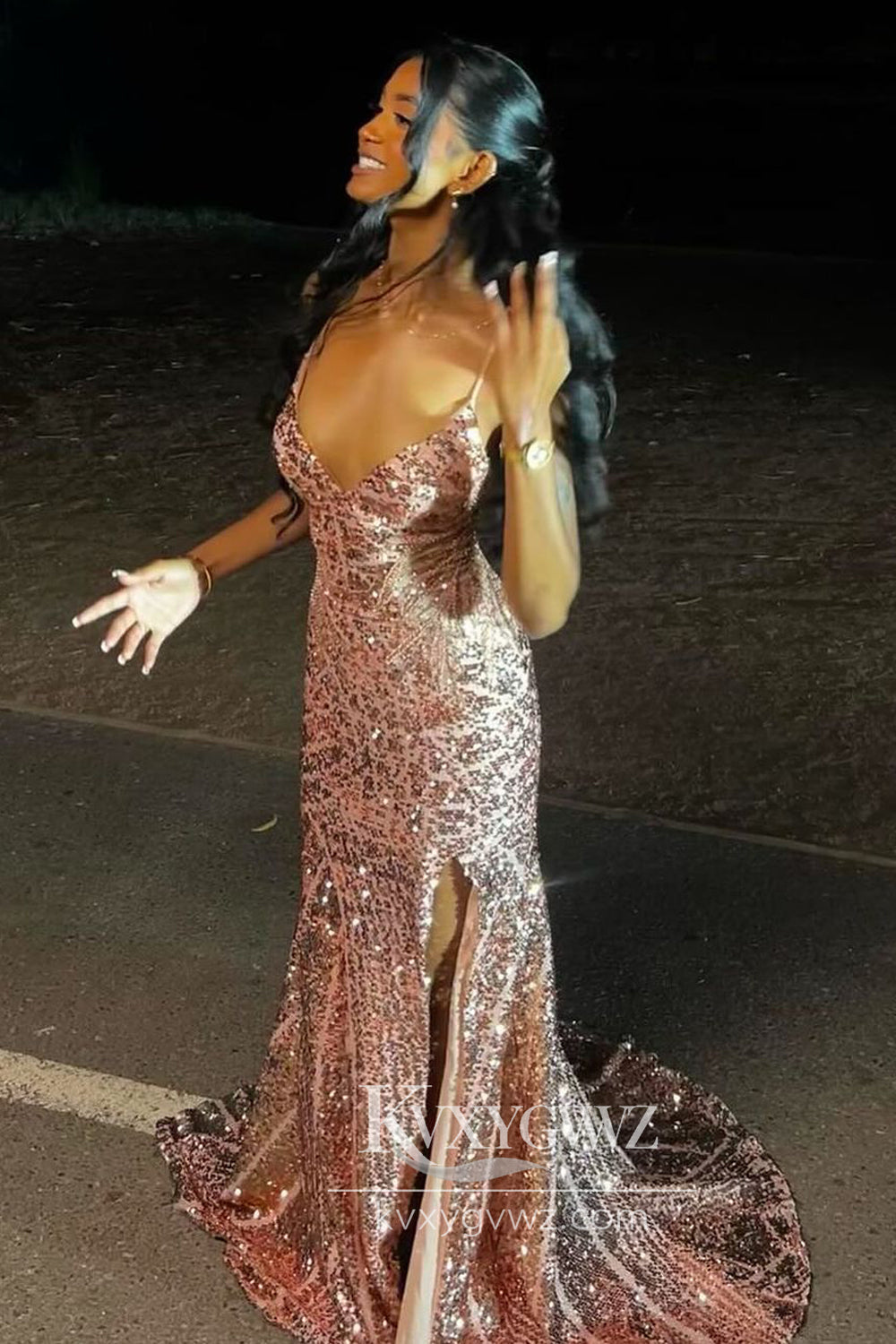 Stunning Conspicuous Mermaid Evening Gown V Neck Blush Gold Sequins Prom Dress with Slit LF893