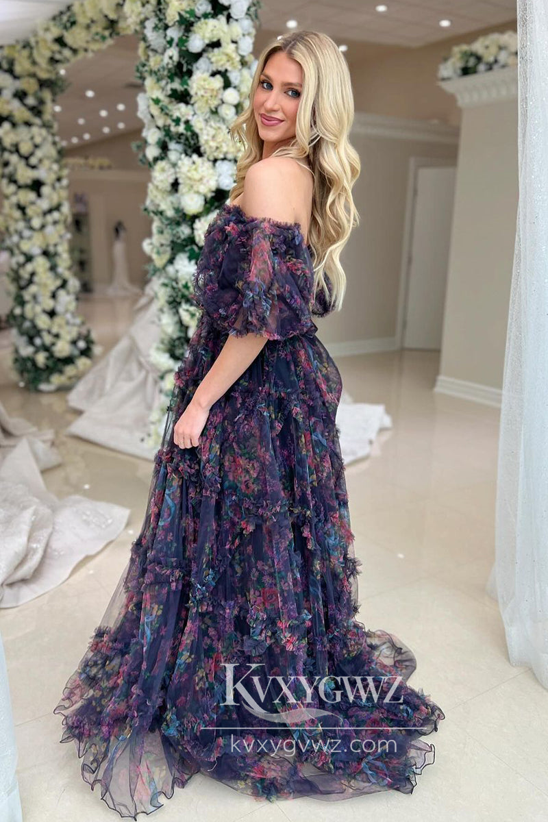 Floral Printed Ruffles Sweetheart Evening Gown Off the Shoulder Long Prom Dress LF895