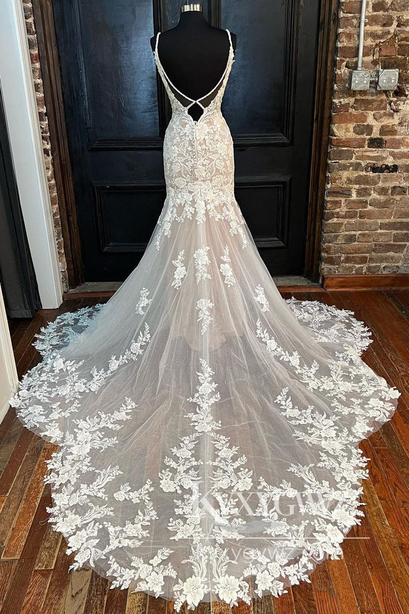 Graceful Mermaid V Neck Lace Champagne Wedding Dresses Gown HS895