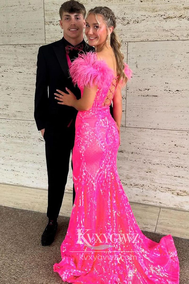 Fashion Mermaid Fuchsia Evening Gown Sequins Off the Shoulder Prom Dress LF898