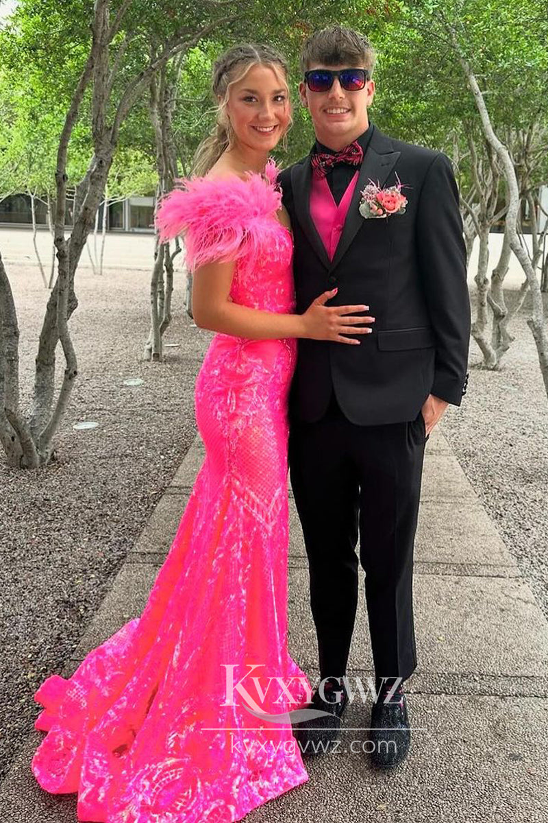 Fashion Mermaid Fuchsia Evening Gown Sequins Off the Shoulder Prom Dress LF898