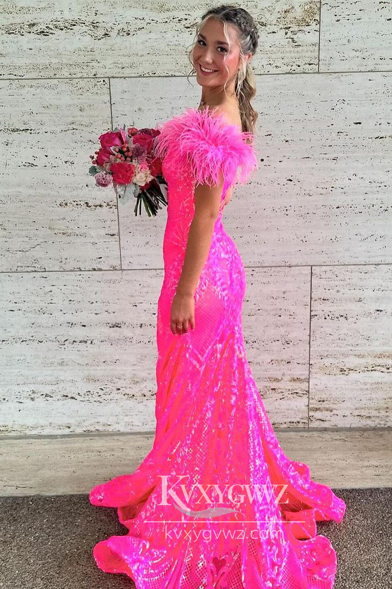 Fashion Mermaid Fuchsia Evening Gown Sequins Off the Shoulder Prom Dress LF898